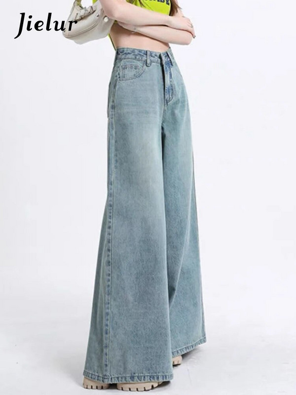 Jielur isprane vintage uske široke ženske traperice, jednobojne, visokog struka, jednostavni džepovi s patentnim zatvaračem, osnovne uredske jesenske ženske hlače