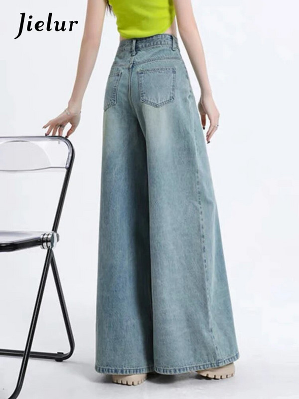 Jielur isprane vintage uske široke ženske traperice, jednobojne, visokog struka, jednostavni džepovi s patentnim zatvaračem, osnovne uredske jesenske ženske hlače