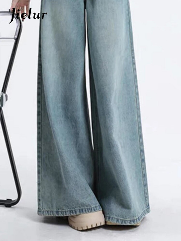 Jielur isprane vintage uske široke ženske traperice, jednobojne, visokog struka, jednostavni džepovi s patentnim zatvaračem, osnovne uredske jesenske ženske hlače