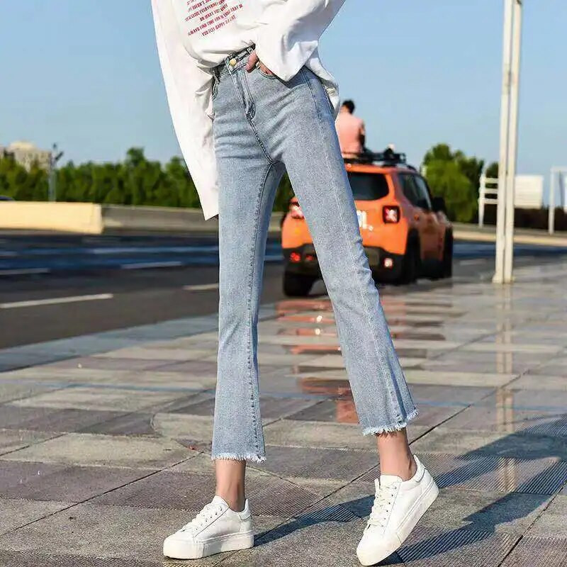 Κορεάτικο Καλοκαιρινό Ψηλόμεσο Slim Flare Jeans Γυναικεία Casual Κομψό Μήκος Αστραγάλου Τζιν Παντελόνι Sweet Vaqueros Stretch Jeansy Pantalones