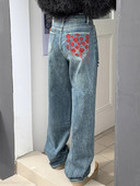 2023 Κορεατικά Y2K Fashion Heart Embroidery Washed Blue Stacked Jeans Παντελόνι για Γυναικεία Ρούχα Ίσια Casual Γυναικεία τζιν παντελόνια