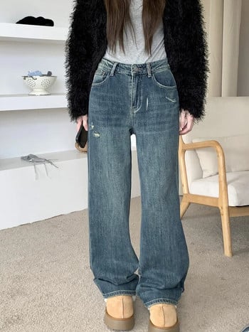 2023 Κορεατικά Y2K Fashion Heart Embroidery Washed Blue Stacked Jeans Παντελόνι για Γυναικεία Ρούχα Ίσια Casual Γυναικεία τζιν παντελόνια