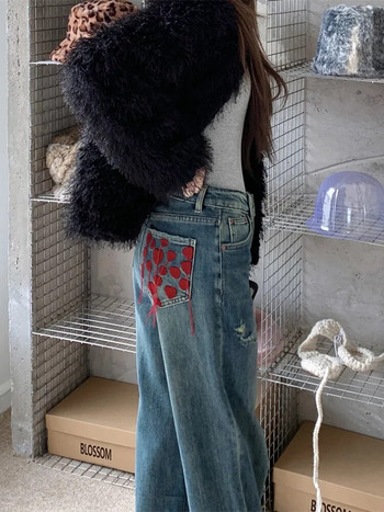 2023 Κορεατικά Y2K Fashion Heart Embroidery Washed Blue Stacked Jeans Παντελόνι για Γυναικεία Ρούχα Ίσια Casual Γυναικεία τζιν παντελόνια