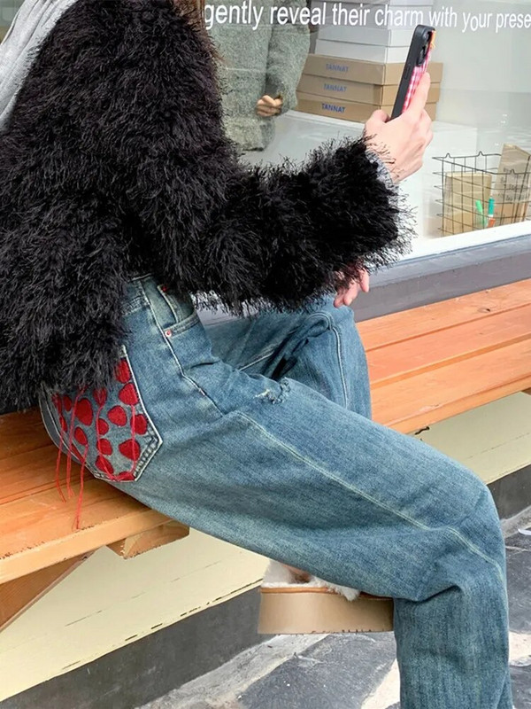 2023 Κορεατικά Y2K Fashion Heart Embroidery Washed Blue Stacked Jeans Παντελόνι για Γυναικεία Ρούχα Ίσια Casual Γυναικεία τζιν παντελόνια