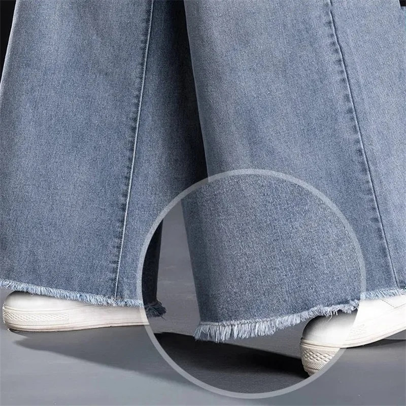 Hétköznapi fehérített széles lábú farmer Női, magas derekú, túlméretezett 34-es táskás farmer nadrág koreai divatos bojt, bő, egyenes vaqueros