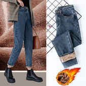 Velvet Thickened New Jeans Γυναικείο ίσιο παντελόνι φαρδύ 2023 Χειμώνας Κορεάτικο Ψηλόμεσο εξωτερικό Φορώντας ζεστό Harun Z245
