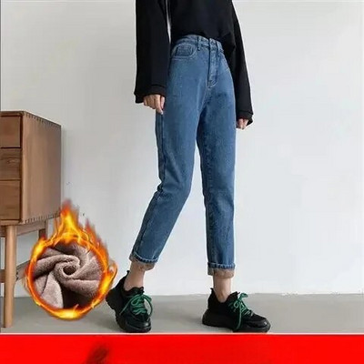 Velvet Thickened New Jeans Γυναικείο ίσιο παντελόνι φαρδύ 2023 Χειμώνας Κορεάτικο Ψηλόμεσο εξωτερικό Φορώντας ζεστό Harun Z245