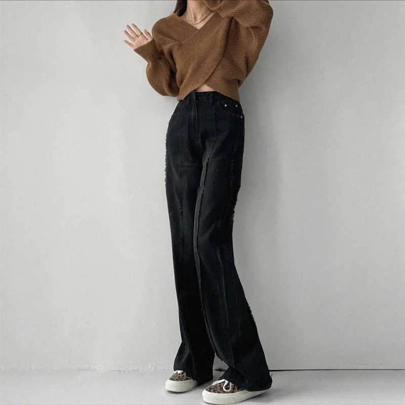 Korea mood naiste Y2K vintage kõrge vöökohaga tänavastiilis sinine sirged teksad püksid laia säärega kottis teksapüksid naiste riided