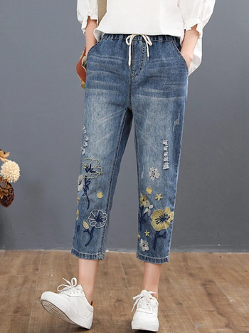 Дънки Дамски ежедневни дънкови панталони на цветя Скъсани харем панталони Max 2023 Китайски есенен моден стил Дамски ретро бродерии