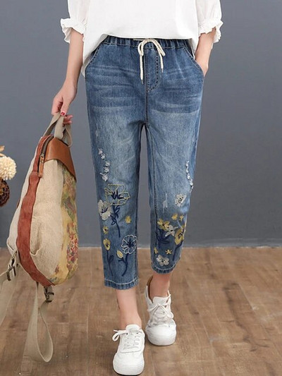 Blugi Femei Casual Pantaloni Florali Denim Pantaloni Harem rupti Max 2023 Chinezesc Toamna Stil Moda Doamnelor Broderie Vintage