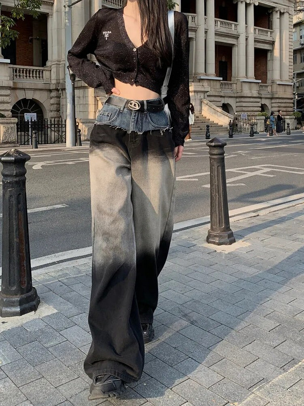 2023 m. Grunge Clothes Y2K Tops Patchwork Vintage Baggy Džinsai Moterims Originalios tiesios plačios Moteriškos džinsinės kelnės Ropa Mujer