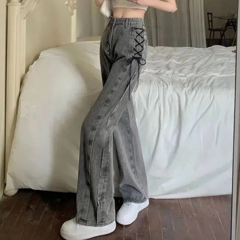 Sive traperice Ženske modne proljetne korejske verzije s visokim strukom Široke nogavice Ulična odjeća Chic Hotsweet Ženske hlače za brisanje Ins