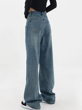 Нови дамски сини широки прави панталони с висока талия, ретро дънкови панталони с широки крачоли Streetwear Y2k Корейска мода Дамски панталони Дънки