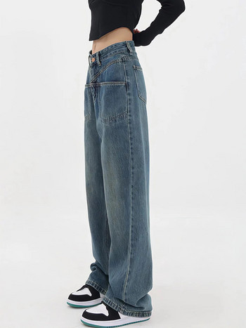 Нови дамски сини широки прави панталони с висока талия, ретро дънкови панталони с широки крачоли Streetwear Y2k Корейска мода Дамски панталони Дънки