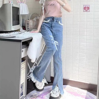 Y2k 2000s Jeans Lace Επίδεσμος Διχαλωτή μονόχρωμη Ψηλόμεση Flare Παντελόνι Άνοιξη Φθινόπωρο Sweet All Match Preppy Style Γυναικεία Ρούχα