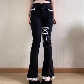 Y2k 2000s Jeans Lace Επίδεσμος Διχαλωτή μονόχρωμη Ψηλόμεση Flare Παντελόνι Άνοιξη Φθινόπωρο Sweet All Match Preppy Style Γυναικεία Ρούχα
