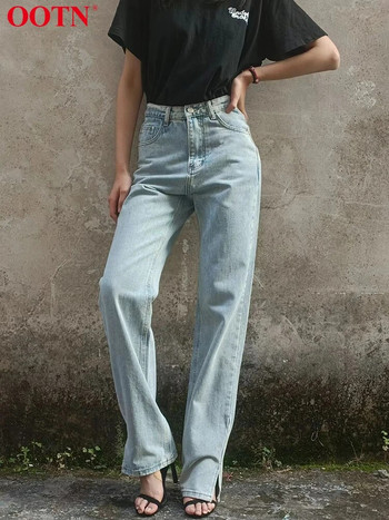 OOTN Дамски дънкови панталони с цепка и висока талия, цип, плътни свободни ежедневни широки дънкови панталони, прави елегантни панталони Streetwear