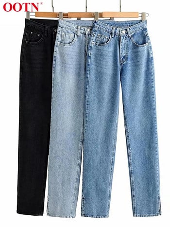 OOTN Дамски дънкови панталони с цепка и висока талия, цип, плътни свободни ежедневни широки дънкови панталони, прави елегантни панталони Streetwear