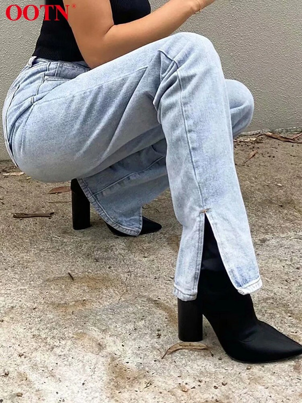 OOTN hasított magas derekú női farmer nadrág cipzár tömör laza alkalmi széles szárú farmer nadrág egyenes elegáns nadrág utcai viselet