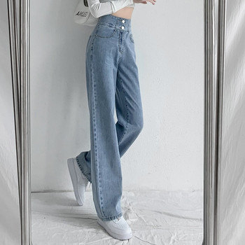 2023 Νέο τζιν, γυναικείο τζιν φαρδύ ίσιο παντελόνι με ψηλόμεσο κουμπί Γυναικείο μπλε λευκό μόδας casual φαρδύ παντελόνι