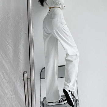 2023 Νέο τζιν, γυναικείο τζιν φαρδύ ίσιο παντελόνι με ψηλόμεσο κουμπί Γυναικείο μπλε λευκό μόδας casual φαρδύ παντελόνι