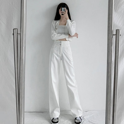 2023-as új farmer Női farmer táskás magas derekú gombos egyenes nadrág női kék fehér divatos, laza nadrág