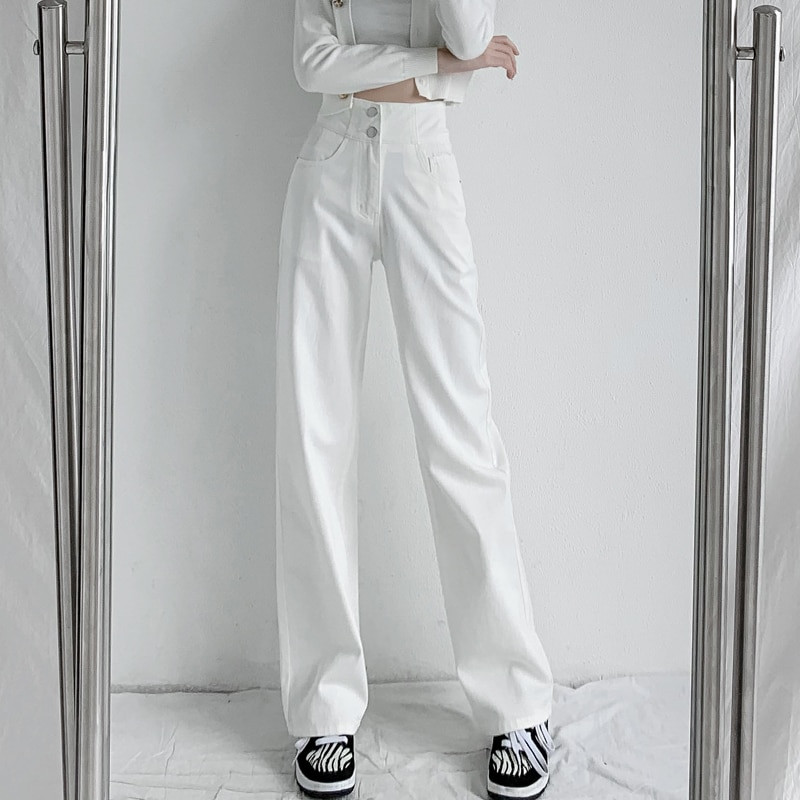 2023-as új farmer Női farmer táskás magas derekú gombos egyenes nadrág női kék fehér divatos, laza nadrág