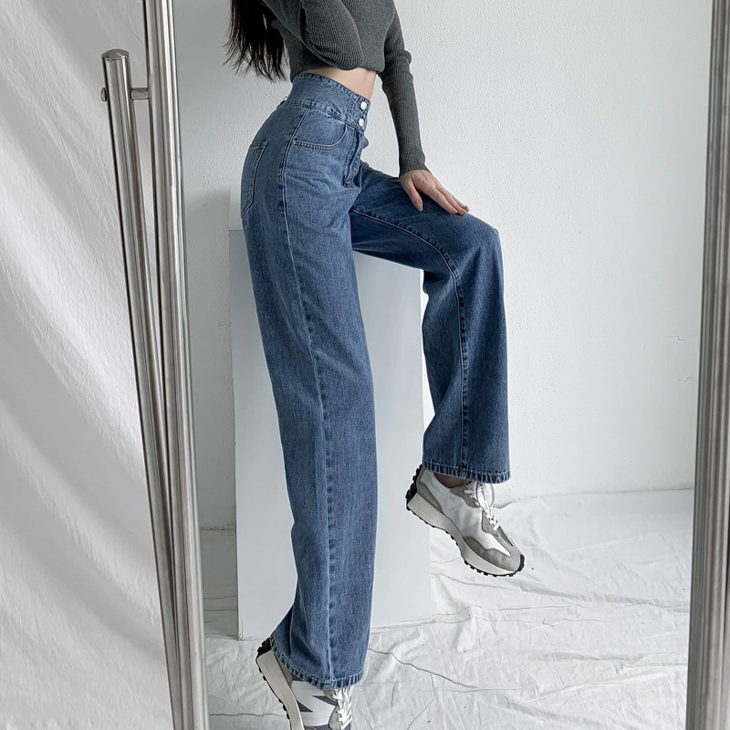 2023-as új farmer Női farmer táskás magas derekú gombos egyenes nadrág női kék fehér divatos, laza nadrág