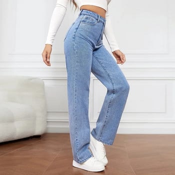 Γυναικείο τζιν ίσιο παντελόνι τζιν λούσιμο ψηλόμεσο τσέπες χαλαρή εφαρμογή Βασικά παντελόνι μέχρι τον αστράγαλο μονόχρωμο ελαφρύ τέντωμα