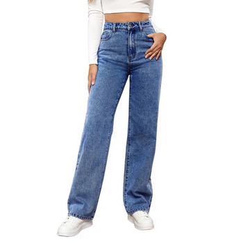 Γυναικείο τζιν ίσιο παντελόνι τζιν λούσιμο ψηλόμεσο τσέπες χαλαρή εφαρμογή Βασικά παντελόνι μέχρι τον αστράγαλο μονόχρωμο ελαφρύ τέντωμα