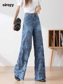 Circyy Blue Jeans Ženske traperice visokog struka 2023 Nove široke traper hlače s izdubljenim cvjetnim uzorkom Ulična odjeća Vintage Y2k hlače širokih nogavica