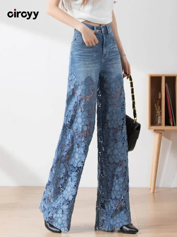 Circyy Blue Jeans Ženske traperice visokog struka 2023 Nove široke traper hlače s izdubljenim cvjetnim uzorkom Ulična odjeća Vintage Y2k hlače širokih nogavica