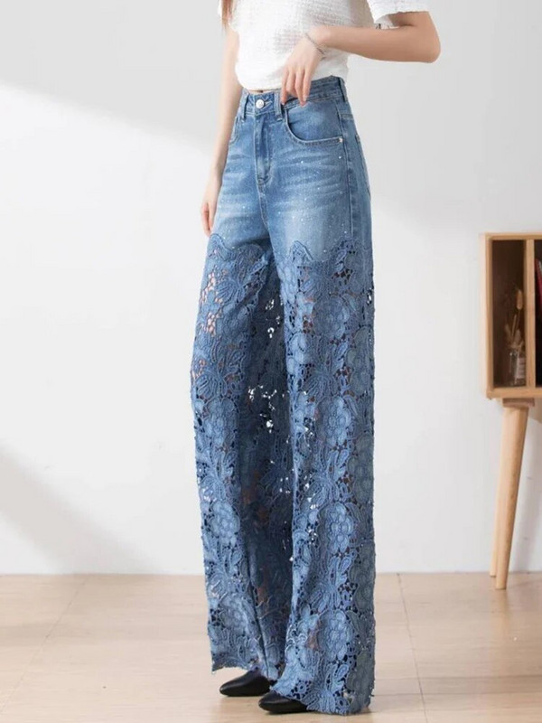 Circyy Blue Jeans Ženske traperice visokog struka 2023 Nove široke traper hlače s izdubljenim cvjetnim uzorkom Ulična odjeća Vintage Y2k hlače širokih nogavica