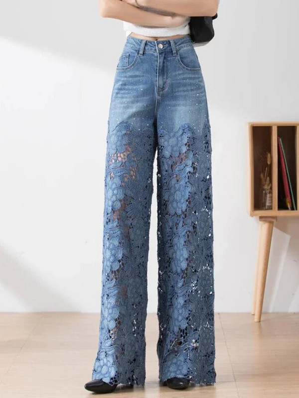 Circyy Blue Jeans Ženske traperice visokog struka 2023 Nove široke traper hlače s izdubljenim cvjetnim uzorkom Ulična odjeća Vintage Y2k hlače širokih nogavica
