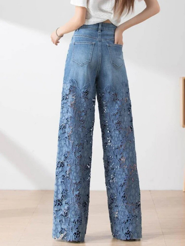 Circyy Blue Jeans Ženske traperice visokog struka 2023 Nove široke traper hlače s izdubljenim cvjetnim uzorkom Ulična odjeća Vintage Y2k hlače širokih nogavica