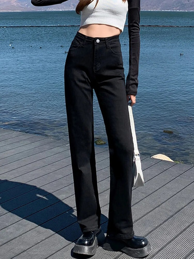 Syiwidii venivad kõrge vöökohaga mustad teksad naistele 2022. aasta kevadsuvi Y2k mood, sirge laia jalaga Mom teksad Sinised teksapüksid