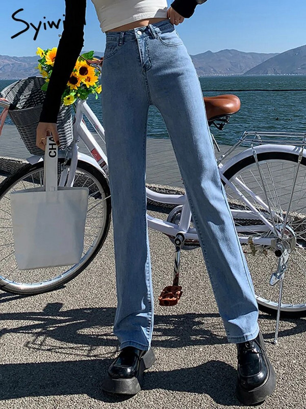 Syiwidii venivad kõrge vöökohaga mustad teksad naistele 2022. aasta kevadsuvi Y2k mood, sirge laia jalaga Mom teksad Sinised teksapüksid