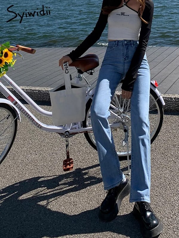 Syiwidii venivad kõrge vöökohaga mustad teksad naistele 2022. aasta kevadsuvi Y2k mood, sirge laia jalaga Mom teksad Sinised teksapüksid