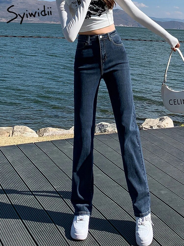 Syiwidii venivad kõrge vöökohaga mustad teksad naistele 2022. aasta kevadsuvi Y2k mood, sirge laia jalaga Mom teksad Sinised teksapüksid