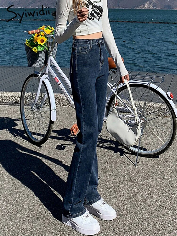 Syiwidii venivad kõrge vöökohaga mustad teksad naistele 2022. aasta kevadsuvi Y2k mood, sirge laia jalaga Mom teksad Sinised teksapüksid