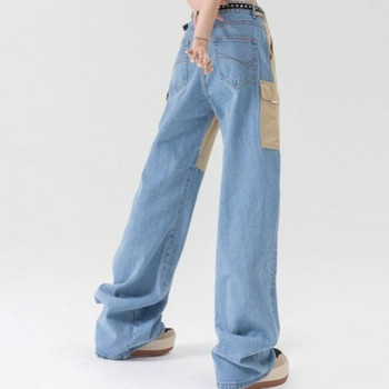 Американски модни пикантни момичета Контрастни цветни широки дънки Дамски летни 2023 г. Тънък дизайн с копчета, джобове, прави панталони с цип
