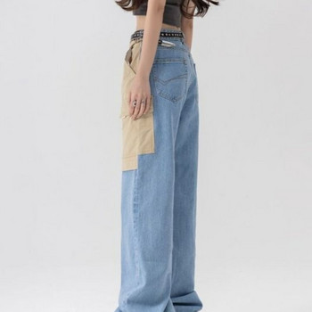 Американски модни пикантни момичета Контрастни цветни широки дънки Дамски летни 2023 г. Тънък дизайн с копчета, джобове, прави панталони с цип