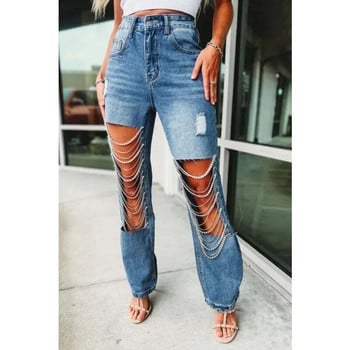 Άνοιξη Καλοκαίρι 2024 Big Ripped Jeans Γυναικεία στολίδια αλυσίδας Καθημερινά ταξίδια ίσια παντελόνια