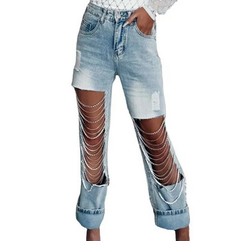 Άνοιξη Καλοκαίρι 2024 Big Ripped Jeans Γυναικεία στολίδια αλυσίδας Καθημερινά ταξίδια ίσια παντελόνια