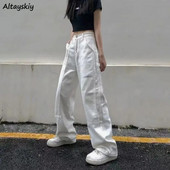 Bijele traperice za brisanje Ženske vrećaste Bf High Street Empire struka Jednobojne vruće Hip-hop Mujer Traper hlače Široke nogavice Ravne Vintage Y2K