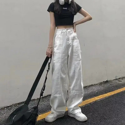 Bijele traperice za brisanje Ženske vrećaste Bf High Street Empire struka Jednobojne vruće Hip-hop Mujer Traper hlače Široke nogavice Ravne Vintage Y2K