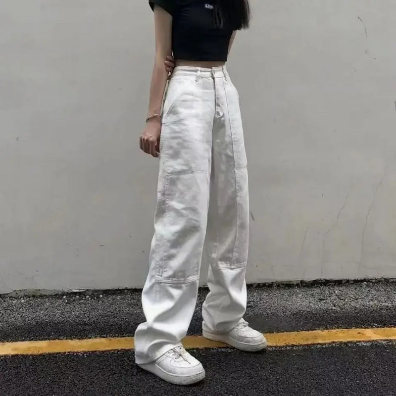 Bijele traperice za brisanje Ženske vrećaste Bf High Street Empire struka Jednobojne vruće Hip-hop Mujer Traper hlače Široke nogavice Ravne Vintage Y2K
