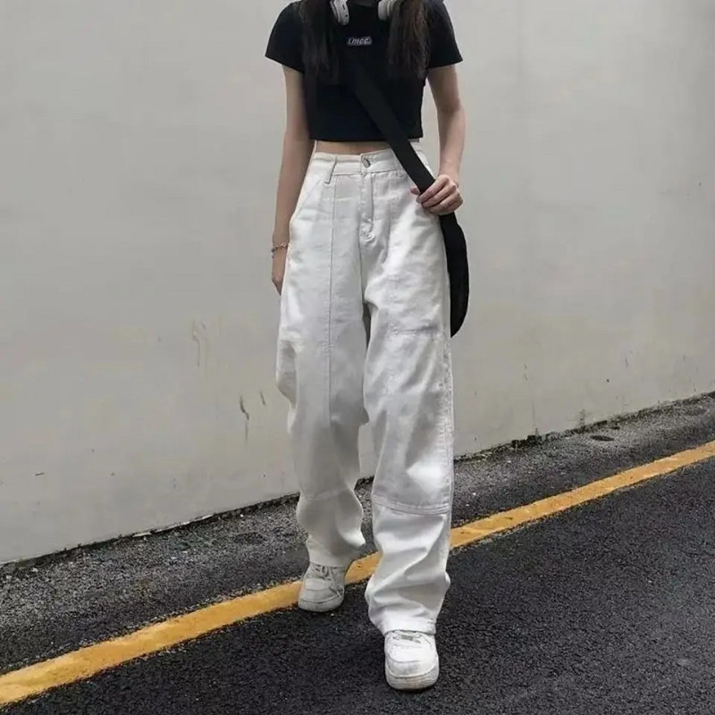 Bijele traperice za brisanje Ženske vrećaste Bf High Street Empire struka Jednobojne vruće Hip-hop Mujer Traper hlače Široke nogavice Ravne Vintage Y2K