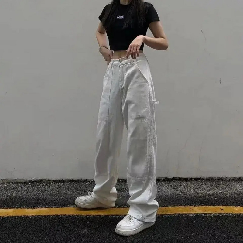 Bijele traperice za brisanje Ženske vrećaste Bf High Street Empire struka Jednobojne vruće Hip-hop Mujer Traper hlače Široke nogavice Ravne Vintage Y2K