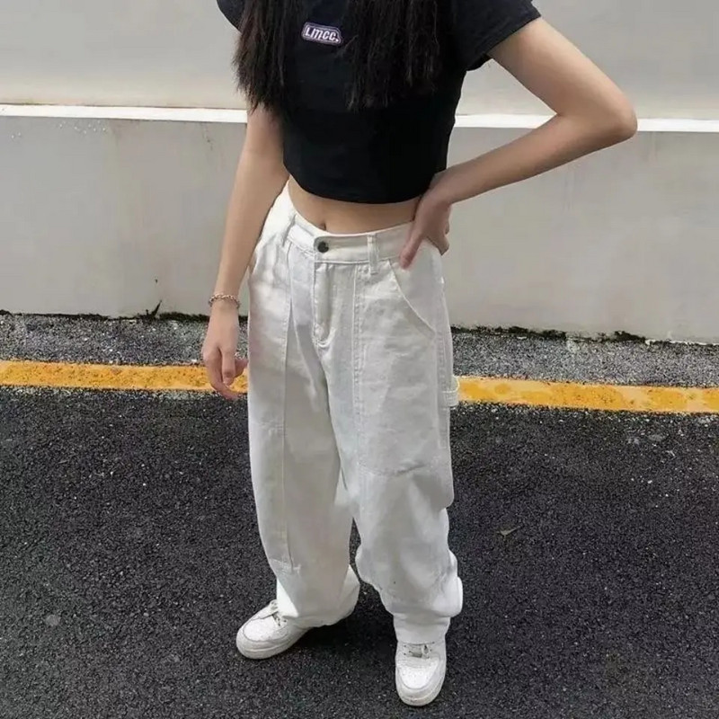 Bijele traperice za brisanje Ženske vrećaste Bf High Street Empire struka Jednobojne vruće Hip-hop Mujer Traper hlače Široke nogavice Ravne Vintage Y2K